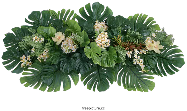 [Transparent Background PNG]Tropical Green Leaves and White Flowers Arrangement