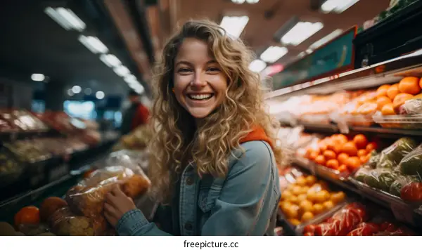 Portrait of a happy young woman with curly hair grocery shopping in a supermarket