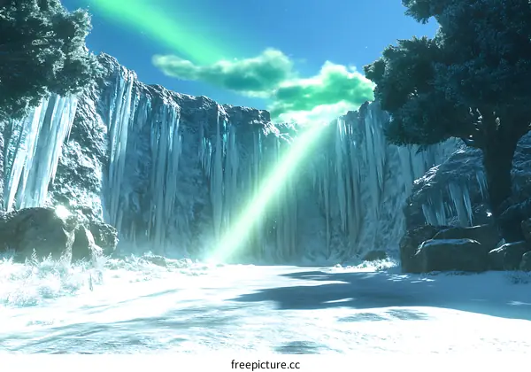 Frozen Canyon with a Green Aurora Borealis