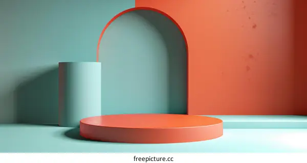 3D rendering of a stage with a podium and a cylinder on the left side