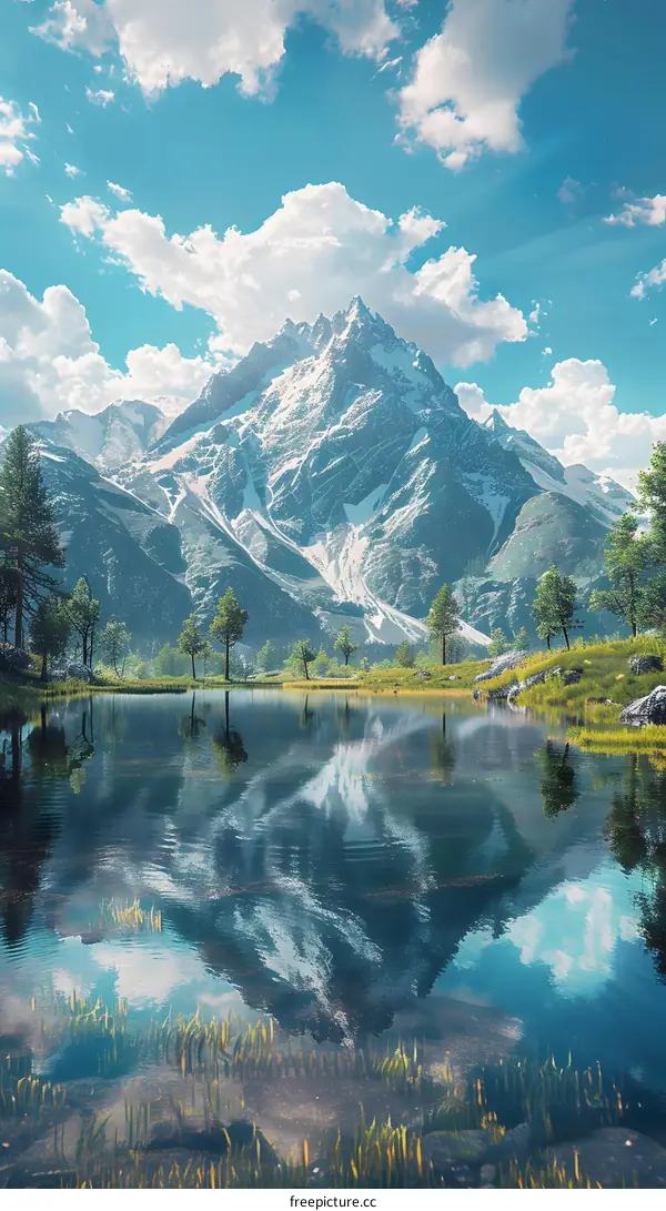 The snow-capped mountains are reflected in the lake