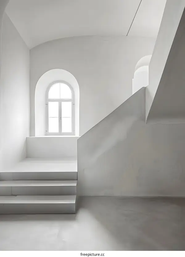 Minimalist White Interior Design with Arched Window and Stairs