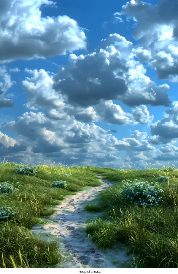 The green grass path leads to the distance, and the flowers are in full bloom under the blue sky and white clouds