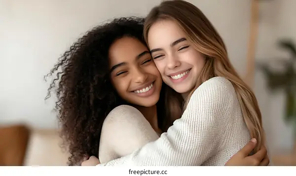 Two Friends Embrace with Happiness