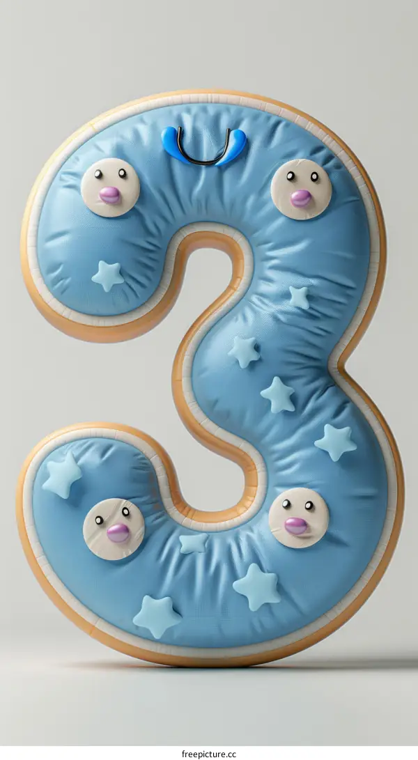 A blue 3D number three with stars and cartoon faces