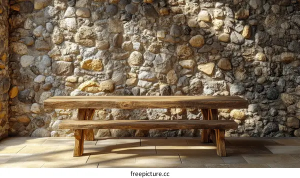 Rustic Wooden Picnic Table and Bench by Stone Wall
