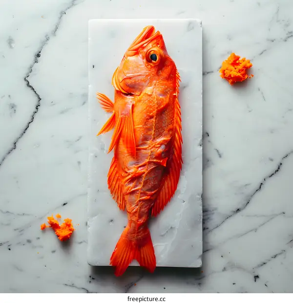 An orange fish on a marble slab
