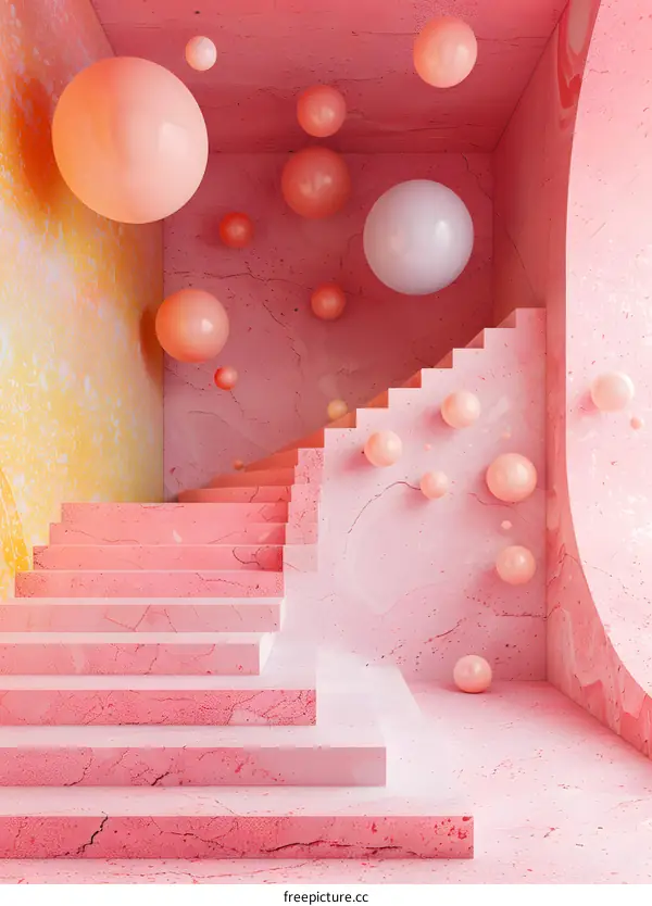 Pink Marble Staircase with Floating Spheres Abstract Design