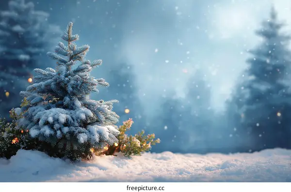 Snowy Christmas Tree Scene in a Winter Forest