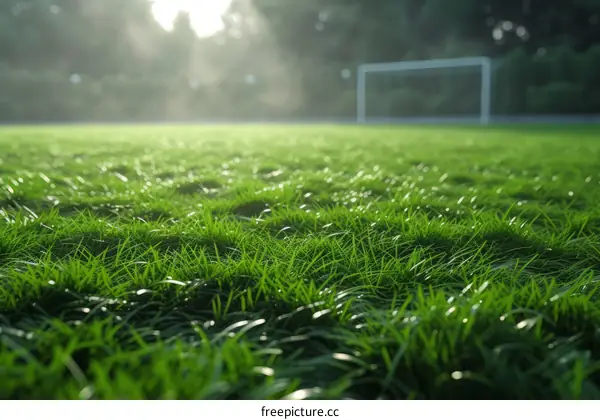 Green grass field with a soccer goal in the distance