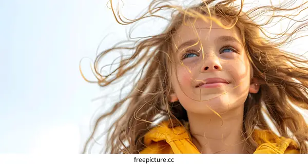 Portrait of a happy little girl with freckles and long blond hair blowing in the wind
