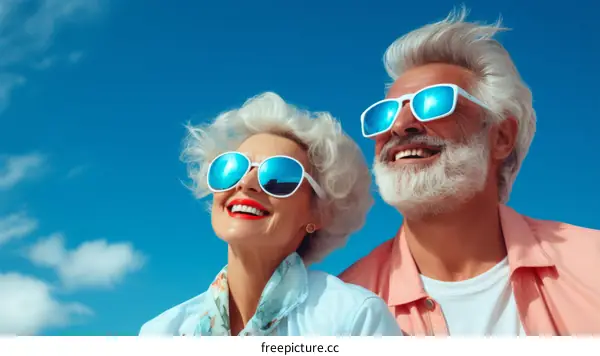 Happy elderly couple wearing sunglasses and looking up at the sky