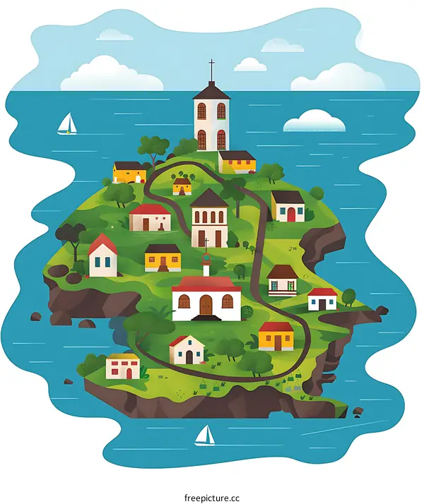 Coastal Village Illustration with Church and Sailboats