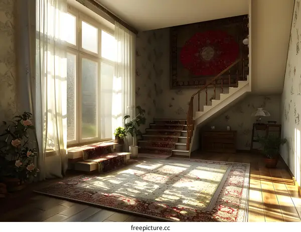 Interior Design of a Room With Stairs and a Large Rug