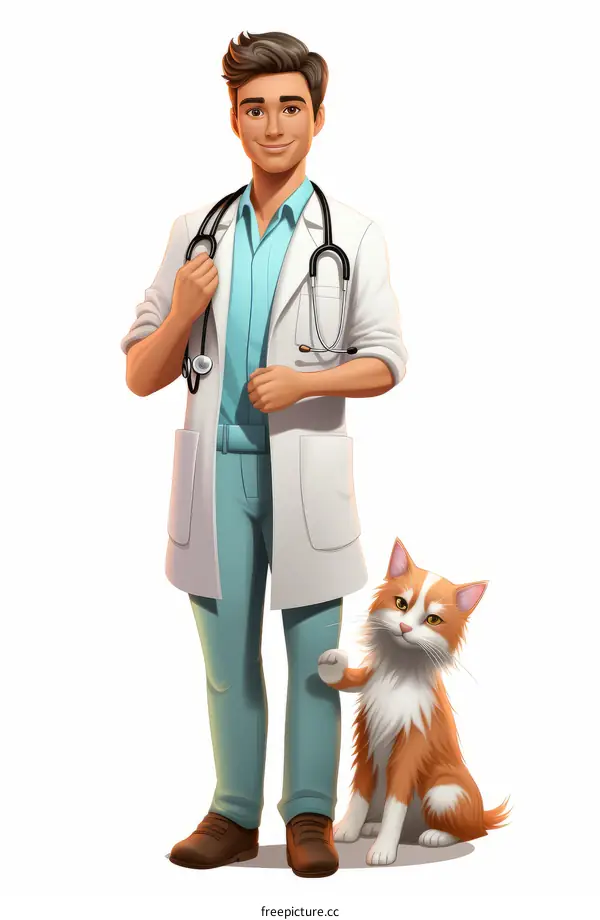 A veterinarian in a white coat with a stethoscope around his neck is standing next to an orange cat.