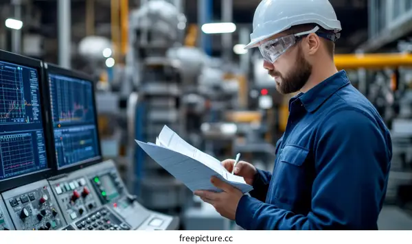 Factory Worker Reviewing Documents in Industrial Setting