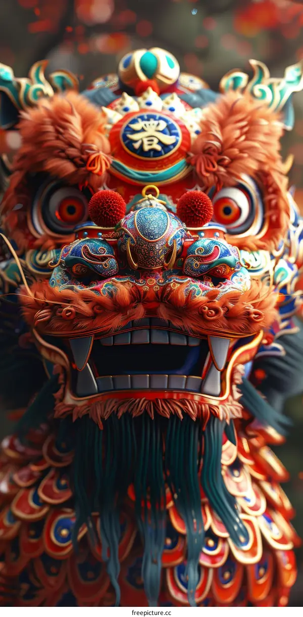 Detailed Close-up of a Chinese Lion Dance Mask