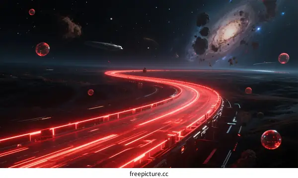 A futuristic space highway with glowing red lights and distant planets