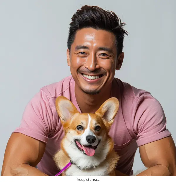 A smiling Asian man with a happy dog