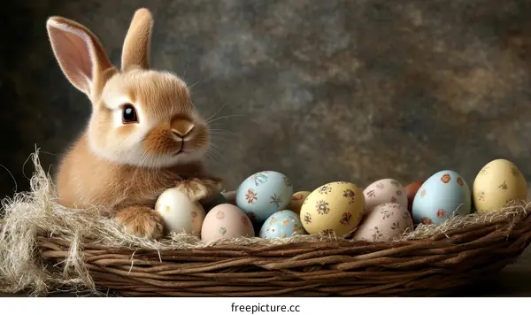 Adorable Easter Bunny in a Nest with Decorated Eggs