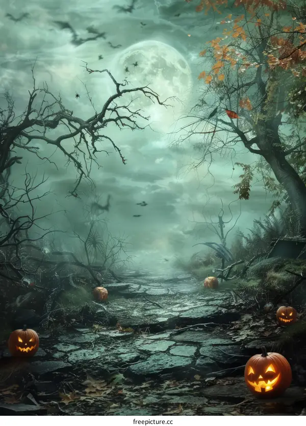 Spooky Halloween night background with pumpkins and a full moon