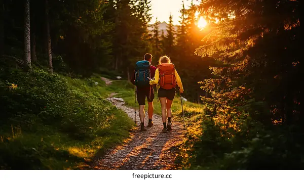 Hikers Enjoying a Scenic Mountain Trail at Sunset