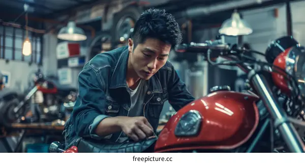 Asian man repairing a motorcycle in a garage