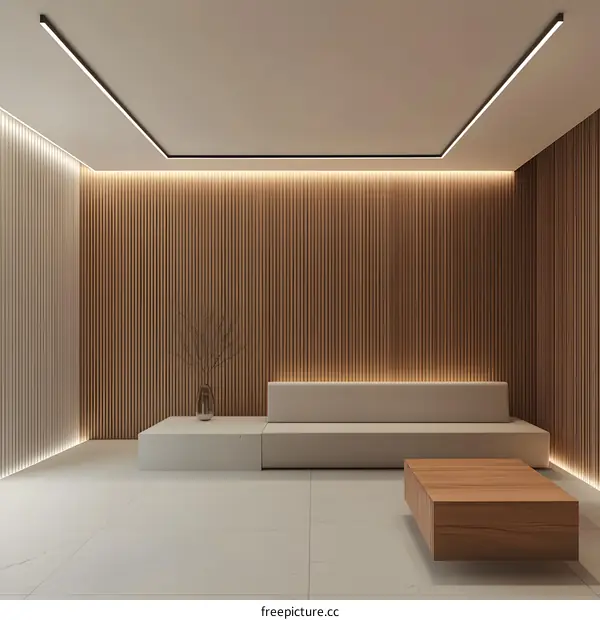 Minimalist Living Room Interior Design with Wooden Wall Panels and White Sofa