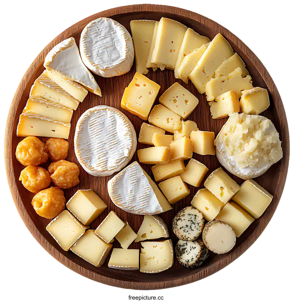 [Transparent Background PNG]Assortment of Various Cheeses on Wooden Platter
