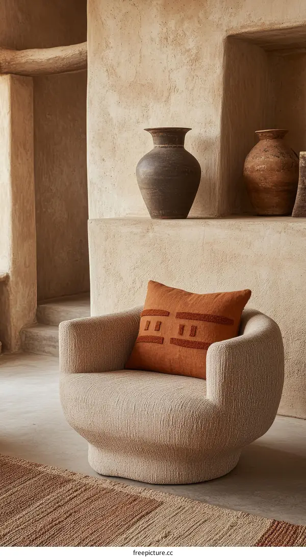 Beige Modern Armchair with Terracotta Pillow in Neutral Interior