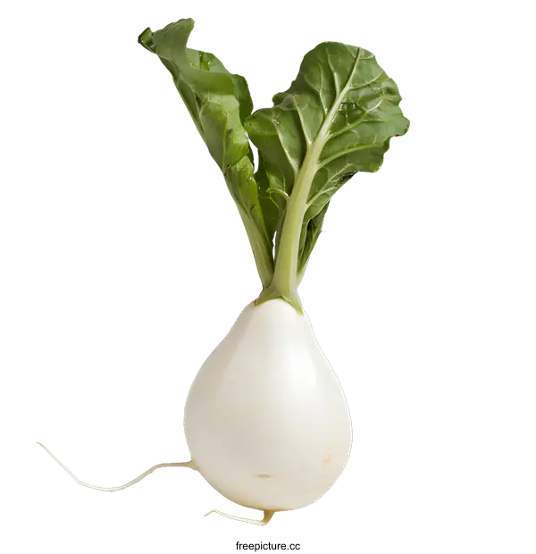 [Transparent Background PNG]White Turnip with Green Leaves Isolated on White Background