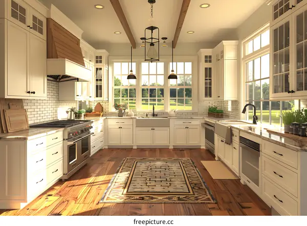 White Kitchen With Farmhouse Sink And Wood Floors