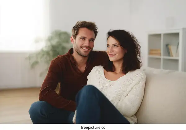 Young couple sitting together on a cozy sofa in a bright room