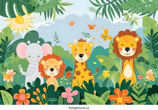 Cute Animals in Jungle Illustration