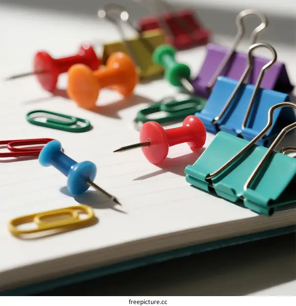 Colorful paper clips and pushpins on a lined notebook