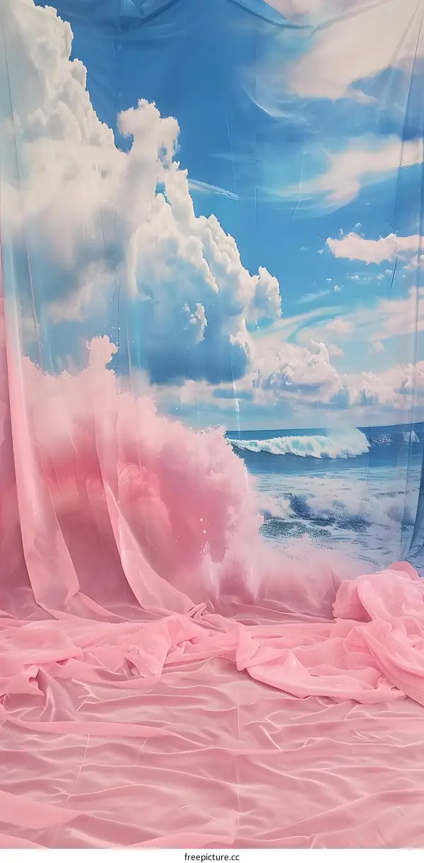 Pink Fabric Background with Ocean and Clouds