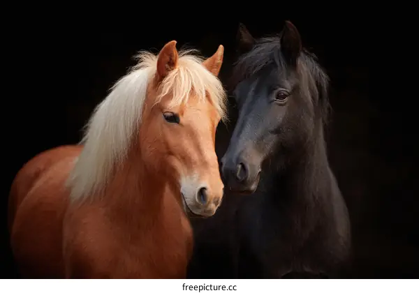 Two Horses Close Up Portrait Against Black Background
