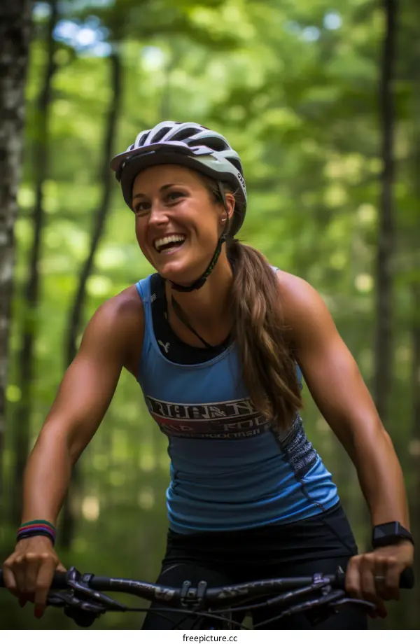 Happy young female cyclist riding her bike through the forest