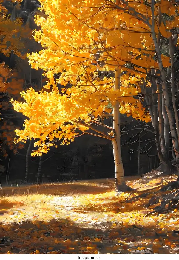 Golden Aspen Tree in Autumn Forest