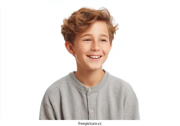 Smiling Boy Portrait Against White Background