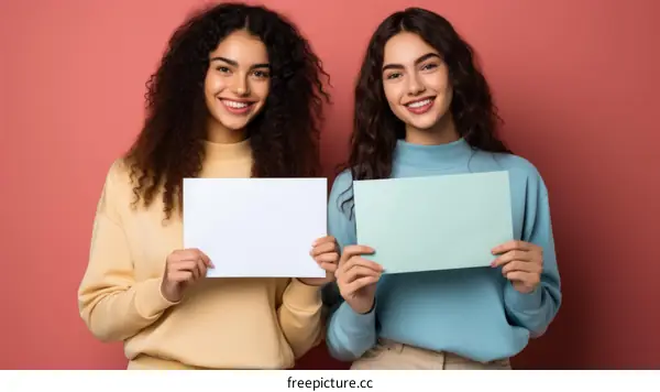 Two young women holding blank signs