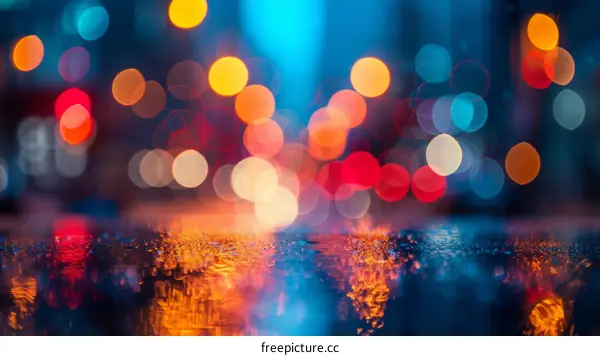 Blurred colorful city lights reflecting on wet asphalt at night