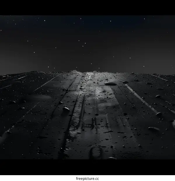 Black and white photo of a road with a starry night sky