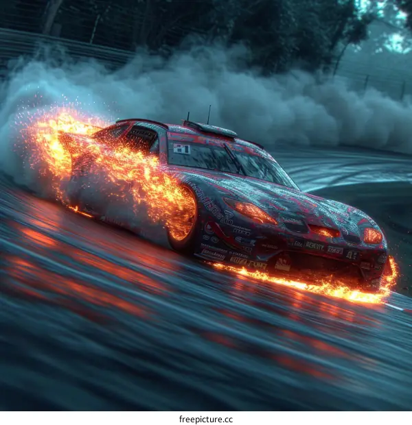 Artistic rendering of a race car drifting on a wet track at night with sparks flying from the wheels