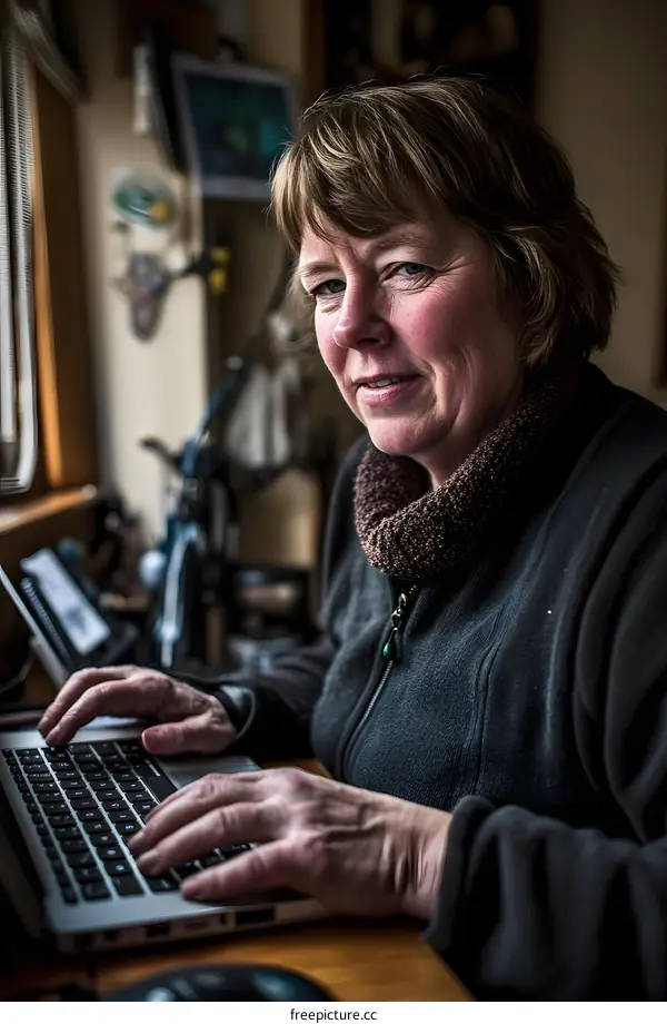 Woman Using Laptop in Home Office