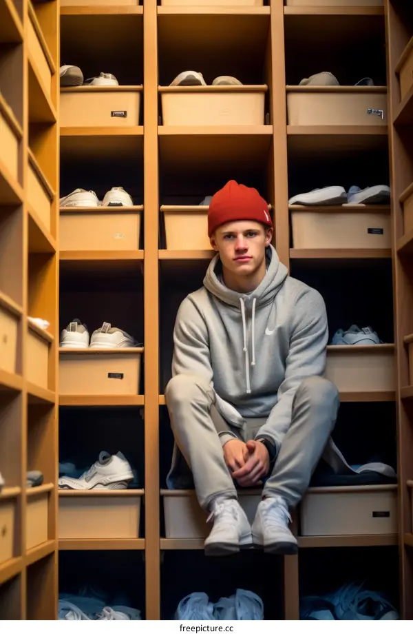 Young Hockey Player Sitting in Locker Room