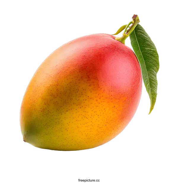 [Transparent Background PNG]Ripe Mango with Green Leaf on White Background