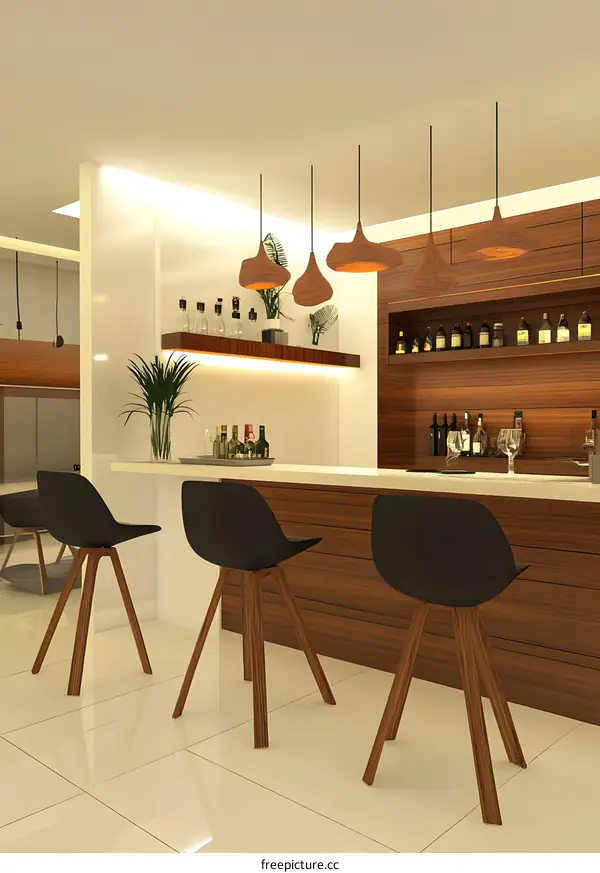 Modern Bar Interior Design With Wooden Counter and Black Stools