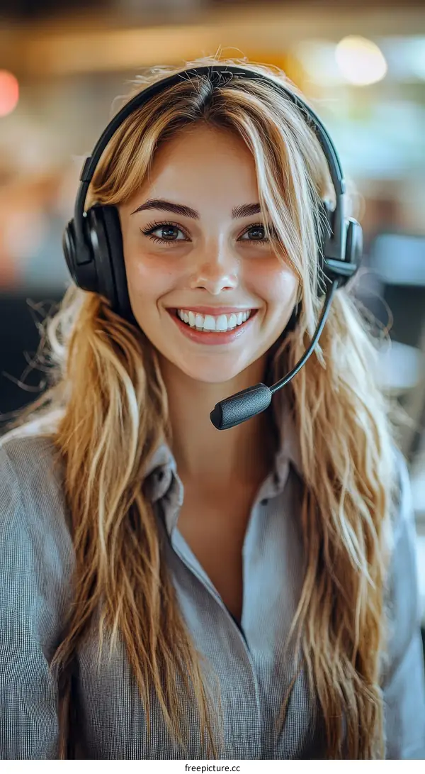 Smiling Caucasian Woman Wearing Headphones and Headset