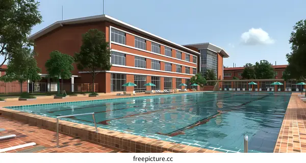 Outdoor Swimming Pool With Brick Building